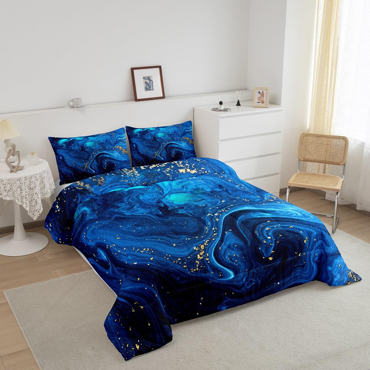 Erosebridal Ombre Blue Marble Queen Comforter Set, Black and Blue Marble Bedding Set for Men Teens Boys, Modern Golden Glitter Down Comforter, Watercolor Tie Dye Art Duvet Insert, Ocean Blue 3Pcs