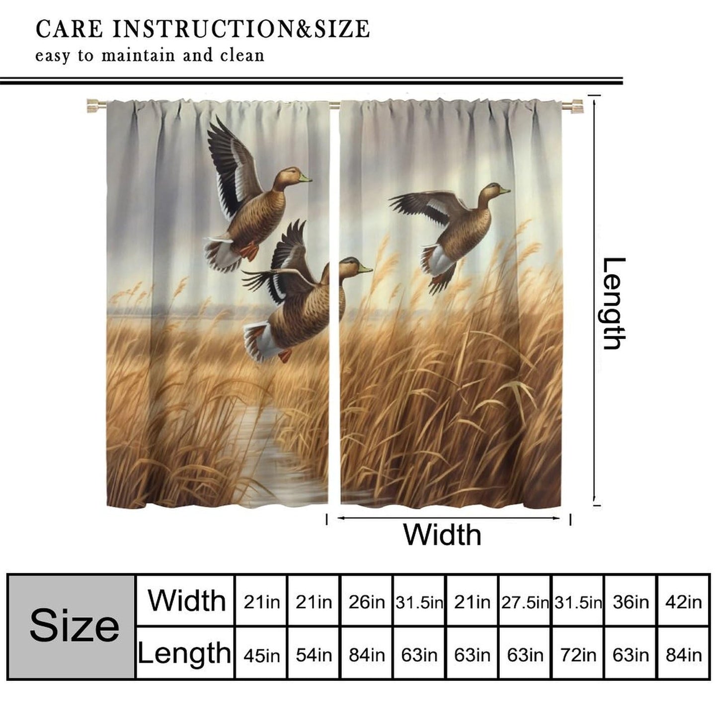 wlsgdsg Mallard Duck Curtains, Vintage Rustic Oil Painting Brown Reeds Pond Lodge Hunting Mallard Duck Animals Windows Treatments Drapes for Living Room Bedroom 42x45in（No Blackout）