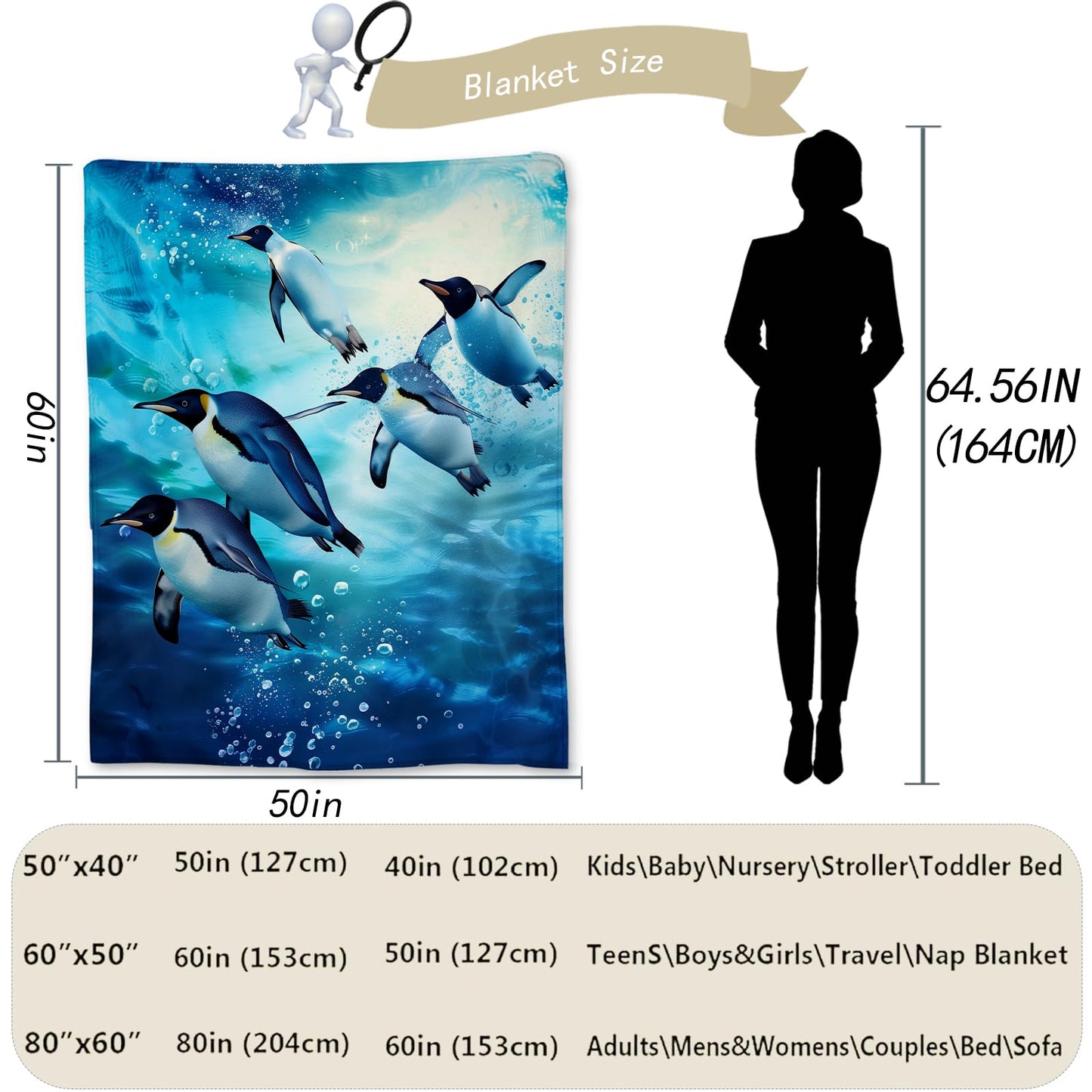 Ti Caldi Penguin Dive Blanket - Soft, Cozy, Lightweight, and Fuzzy Flannel Throw - Ideal for Couch, Bed, Travel, and Outdoor Activities - Fluffy Home Decor with Enchanting Underwater Design 60"x50"