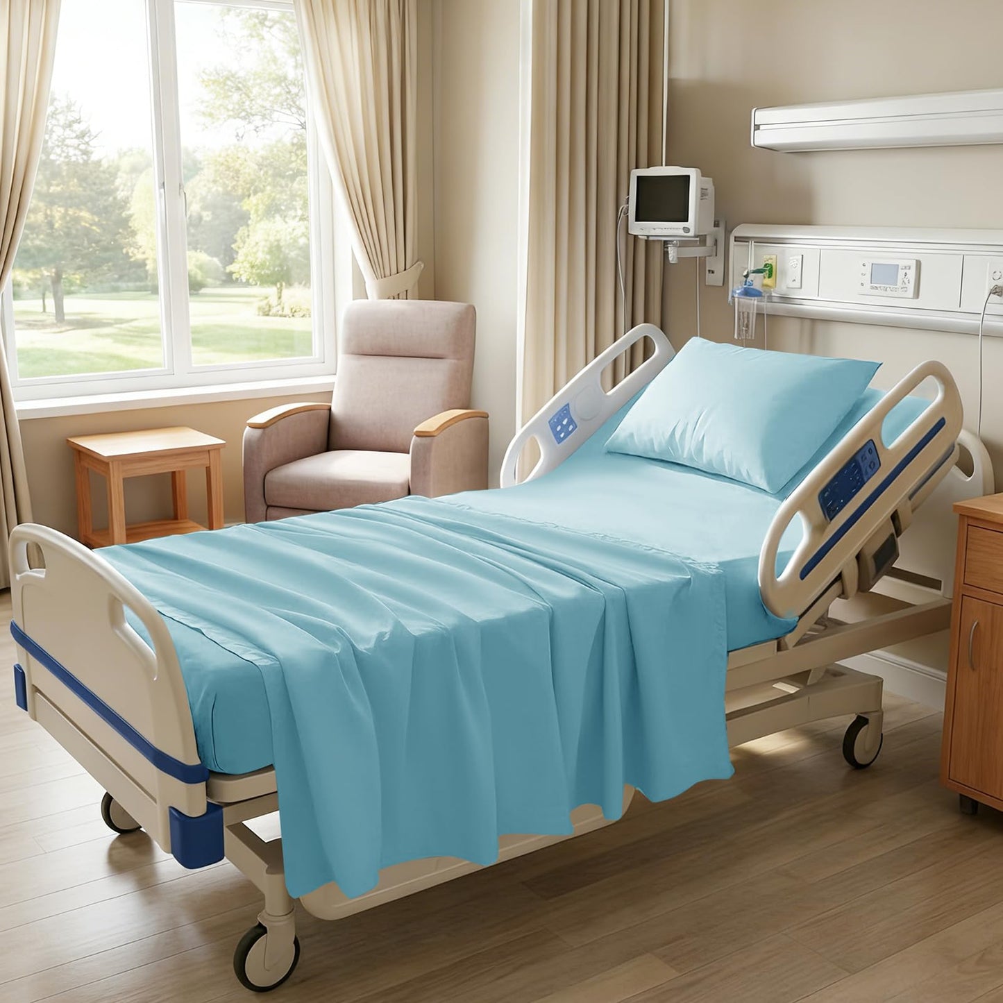 P Pothuiny 3 Piece Hospital Bed Sheet Set, Aqua Blue Brushed Microfiber Soft Bedding for Home/Nursing/Hospital Bed, Deep Pocket Fitted Sheet 36"x80"+12", Flat Sheet & Pillowcase