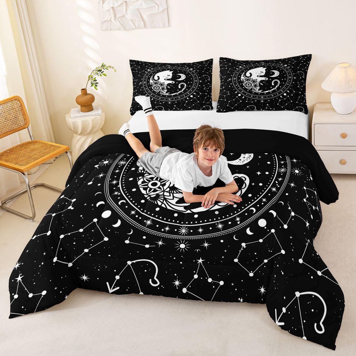 Cute Cats Comforter Set Twin,Gothic Star Sky Moon Constellation Bedding Set 2pcs for Kids Teens Boy Girls Room Decor,Animals Flower Plants Quilt Set Black Exotic Duvet Insert with 1 Pillowcase
