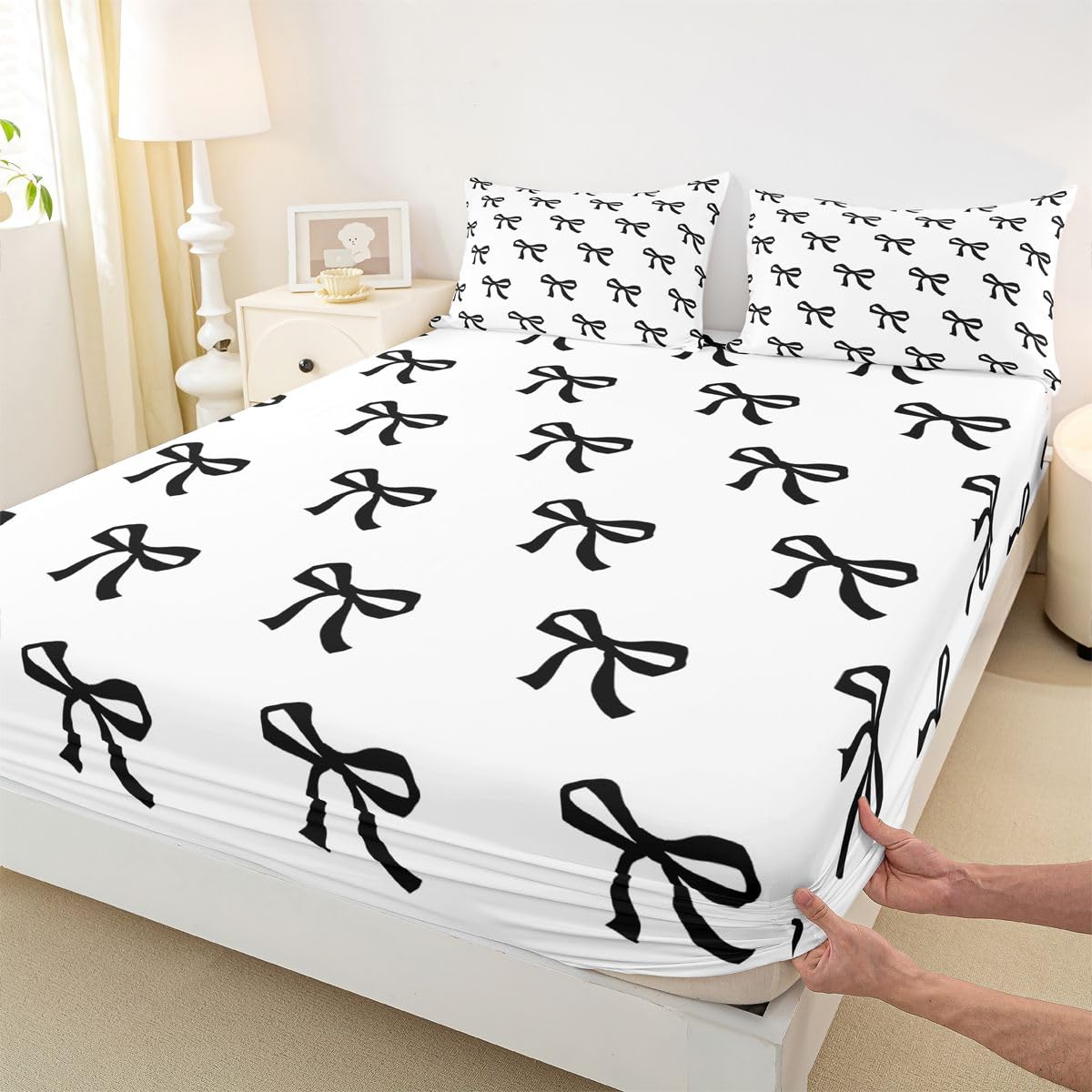Castle Fairy Black Bow Sheet Set Cartoon Bowknot Modern Romantic Bedding Set Girlish Cute Bed Sheets Teens Room Decor Black White 1 Soft Polyester (Twin Flat & Fitted Sheet with 1 Pillow Case)