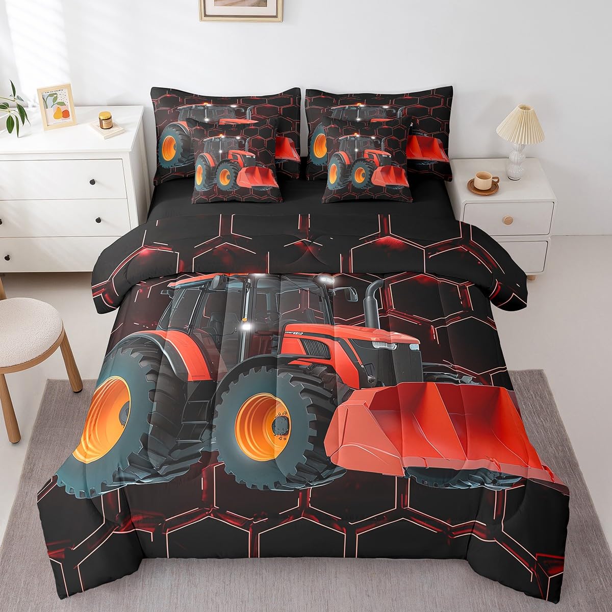 Erosebridal Construction Excavator 7 Piece Comforter Set Full Bed in a Bag,Red Honeycomb Geometric Bedding Sets Hexagon Beehive Truck Sheet Set with Comforter