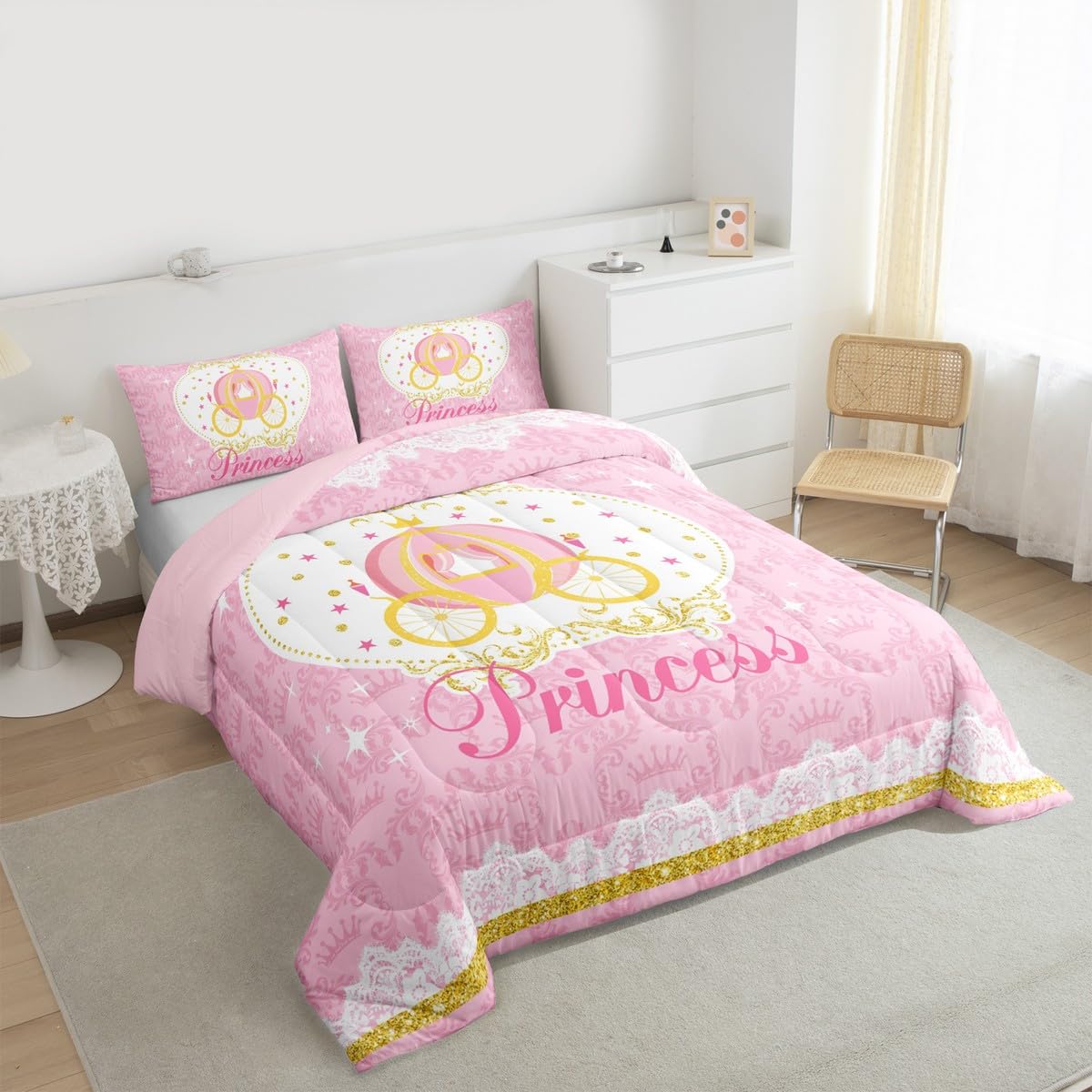 Homewish Girls Pink Theme Twin Size Comforter Set,Kids Carriage Decor All Season Bedding Set,Teens Princess Style Comforter,Children Cute Cartoon Decor Quilt Set Bedroom Collection 2Pcs