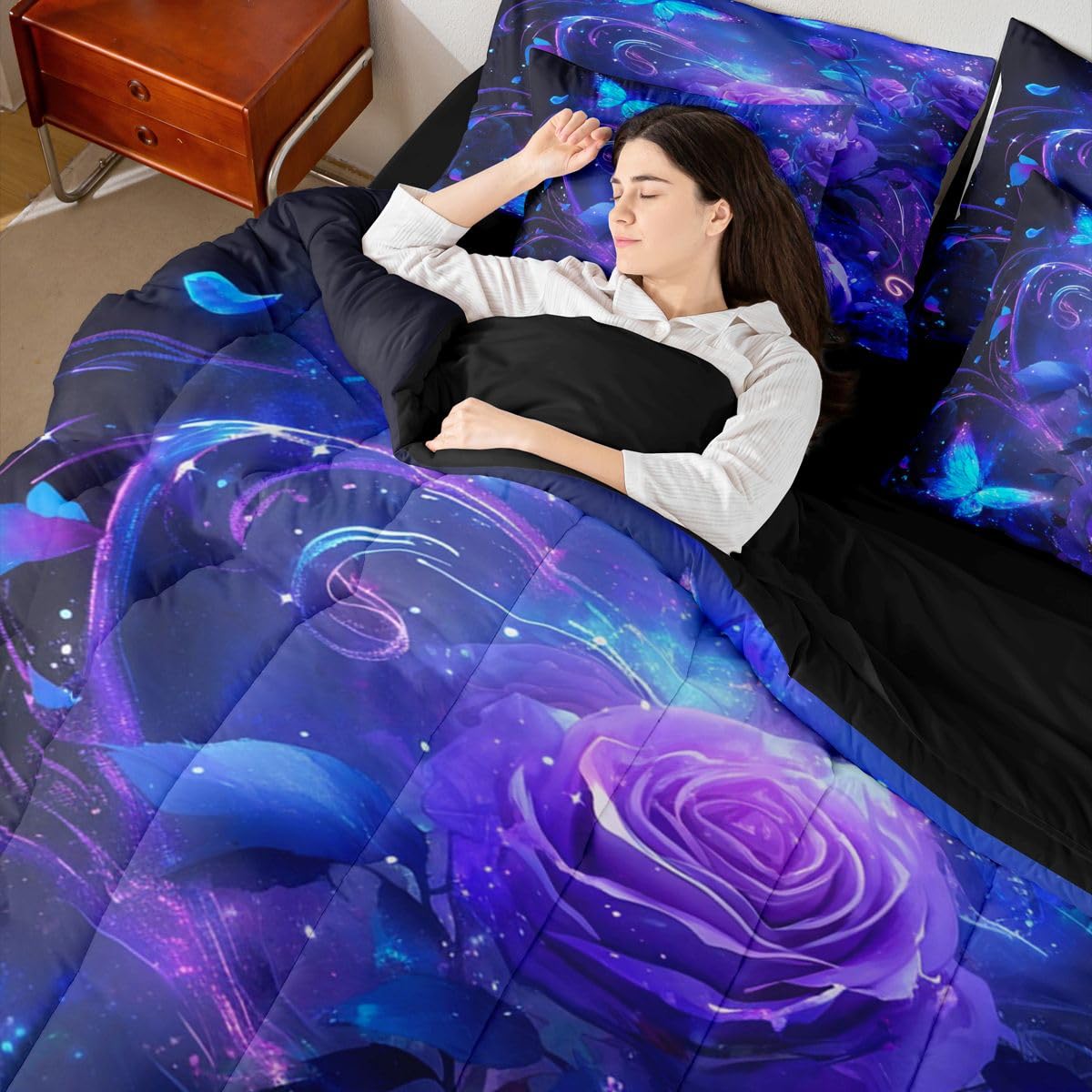Erosebridal Butterfly 7 Piece Bedding Set Queen Rose Comforter Set with Sheets Flying Butterflies Dreamy Roses Bed in a Bag Magic Purple Flowers Petal for Kids Boys Girls