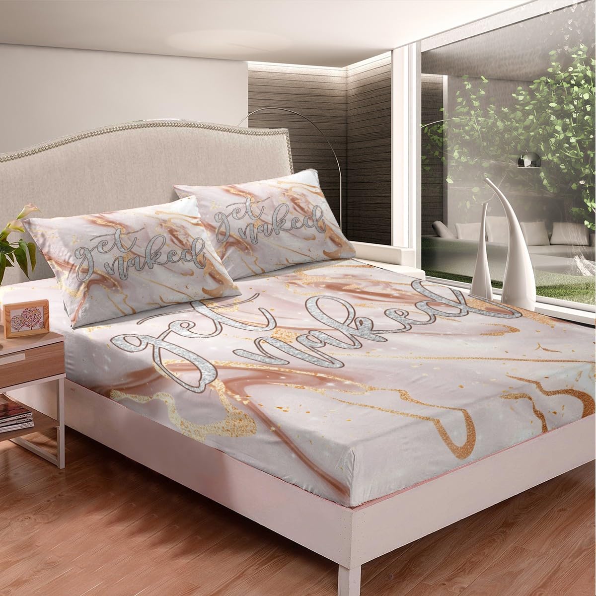 Pink Marble Bedding Set Get Naked Bed Sheet Set for Kids Boys Girls Teens Bedroom Decor Funny Quotes Fitted Sheet Full Size Pink Rose Gold Glitter Marble Cracked Bedding Sheets 3Pcs