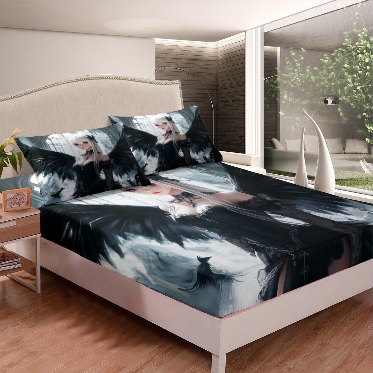Erosebridal Anime Girl Bed Sheets Queen Size, Kawaii Japanese Anime Fitted Sheet for Kids Boys Teens Adult, Cartoon Girl Bedding Set Japan Animation Bedroom, Machine Washable, Black White