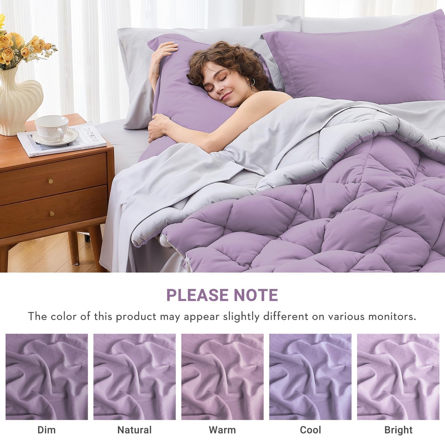 MUXHOMO 7 Pieces California King Comforter Set, Reversible Bed in a Bag Cal King Size, All Season Bedding Set with Comforter, Flat Sheet, Fitted Sheet, Pillowcases & Shams, Greyish Purple & Light Grey