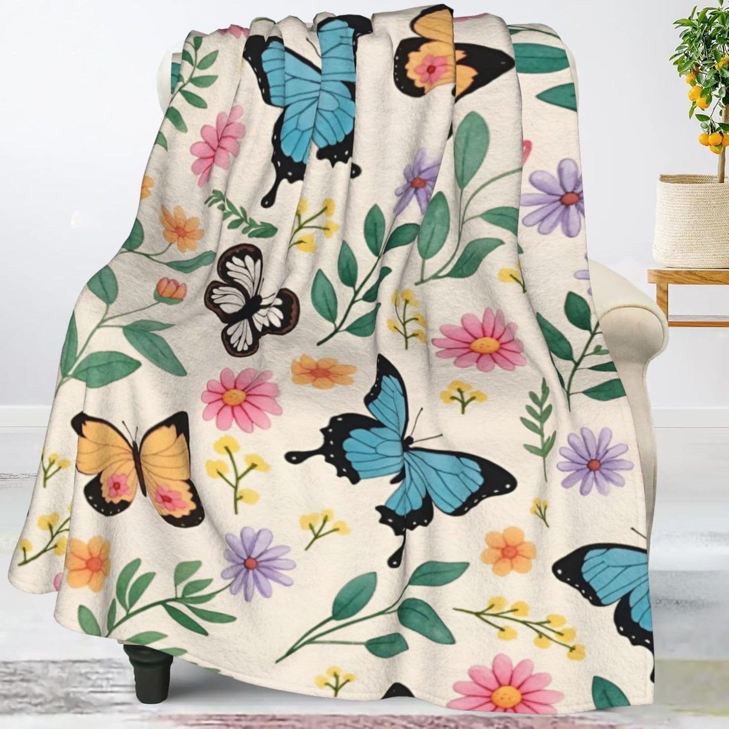 Perinsto Floral Butterfly Throw Blanket Ultra Soft Warm All Season Wild Flower Green Plant Decorative Fleece Blankets for Bed Chair Car Sofa Couch Bedroom 50"X40"