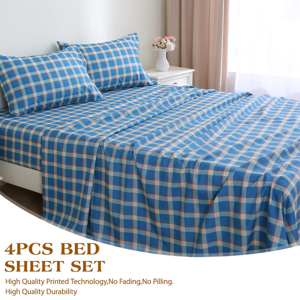 MUXHOMO Queen Size 4 Piece Sheet Set, Soft & Breathable Sheet for Bedroom with Deep Pocket Up to 16", Wrinkle-Free & Cooling Bed Sheet with Flat Sheet, Fitted Sheet & Pillowcases - Blue Green Plaid