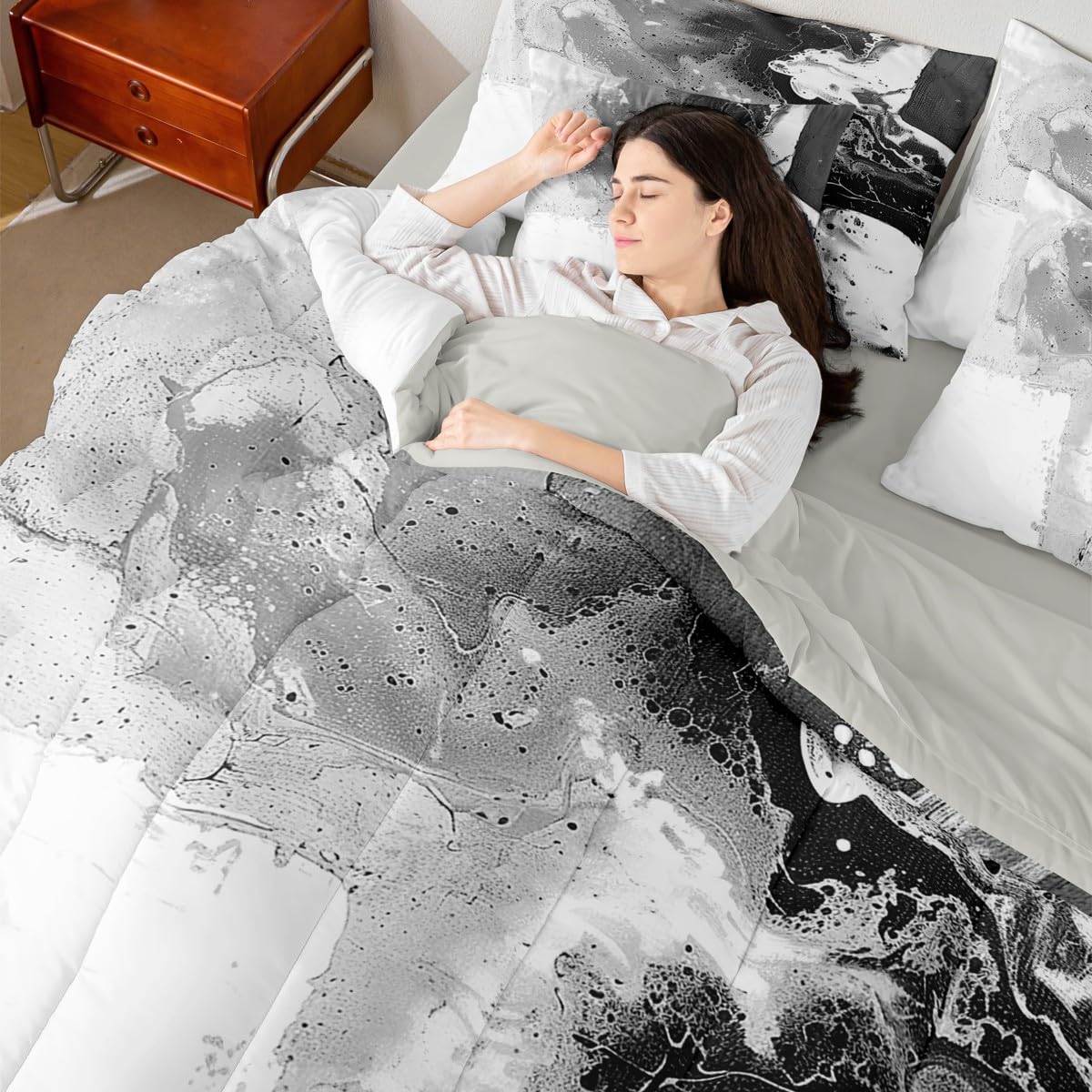 Feelyou Abstract King Comforter Set with Sheets for Kids Boys Girls Modern Abstract Art 7 Pieces Bedding Set Luxury Bed in a Bag Geometric Room Decor White Gray Soft Lightweight Microfiber