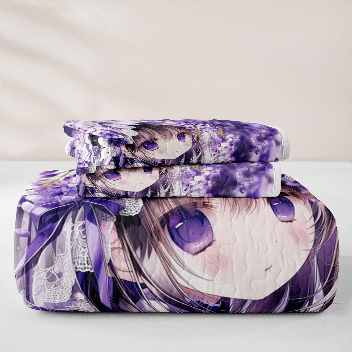 Erosebridal Lilac Flower Girl Quilt Twin Size - Purple Spring Floral Bedspread Anime Girl Bed Coverlet with 1 Pillowcase