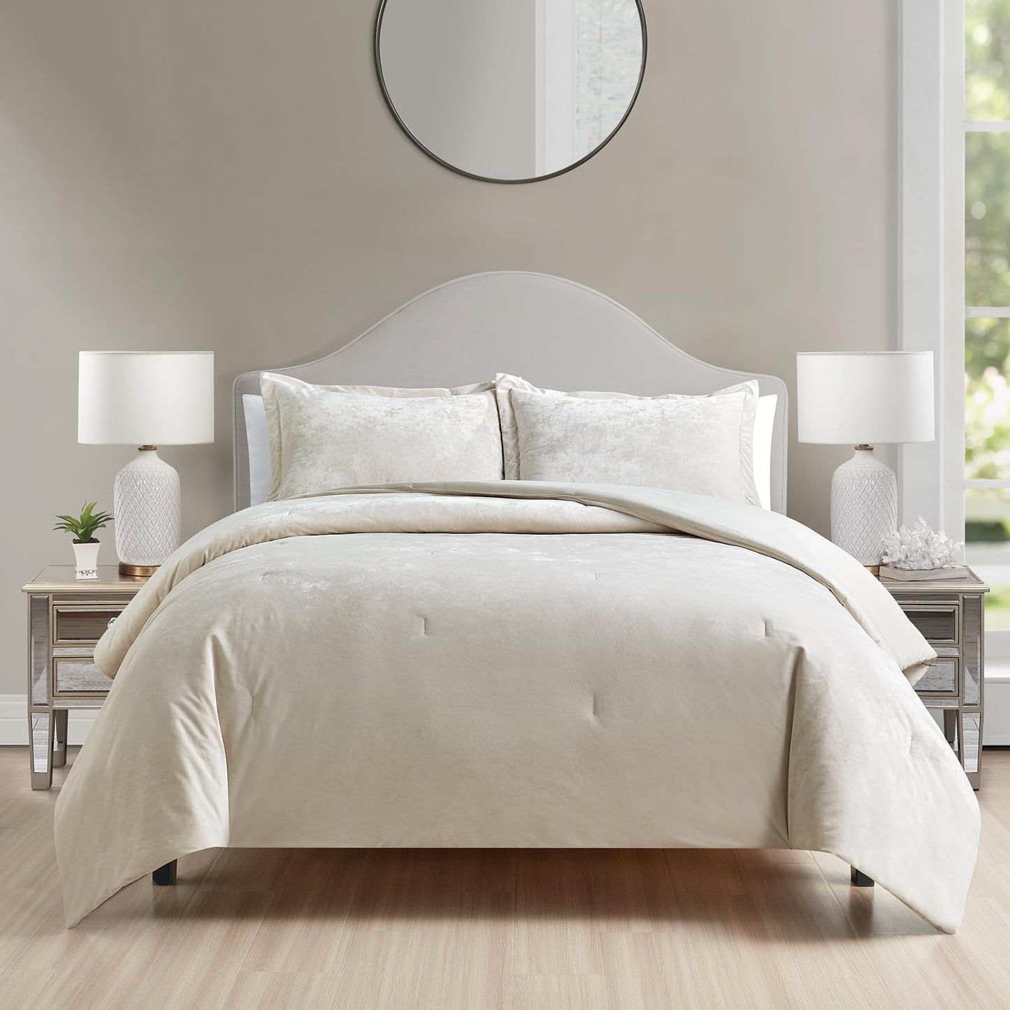HUMESIIL Luxury Velvet King Comforter Set, 3 Pieces Reversible Comforters King Size with 2 Pillow Shams, Brushed Solid Microfiber Back, All Season Cozy, Soft, Warm, Lightweight (Beige, 104x90 Inch)