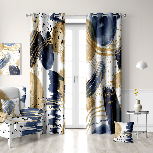 Aeyadis Abstract Blue Gold Blackout Curtain, Boho Aesthetic Modern Window Curtains Living Room Bedroom Decor Thermal Curtain Darkening Grommet Window Drapes Treatments, 2 Panels 52x84 Inch