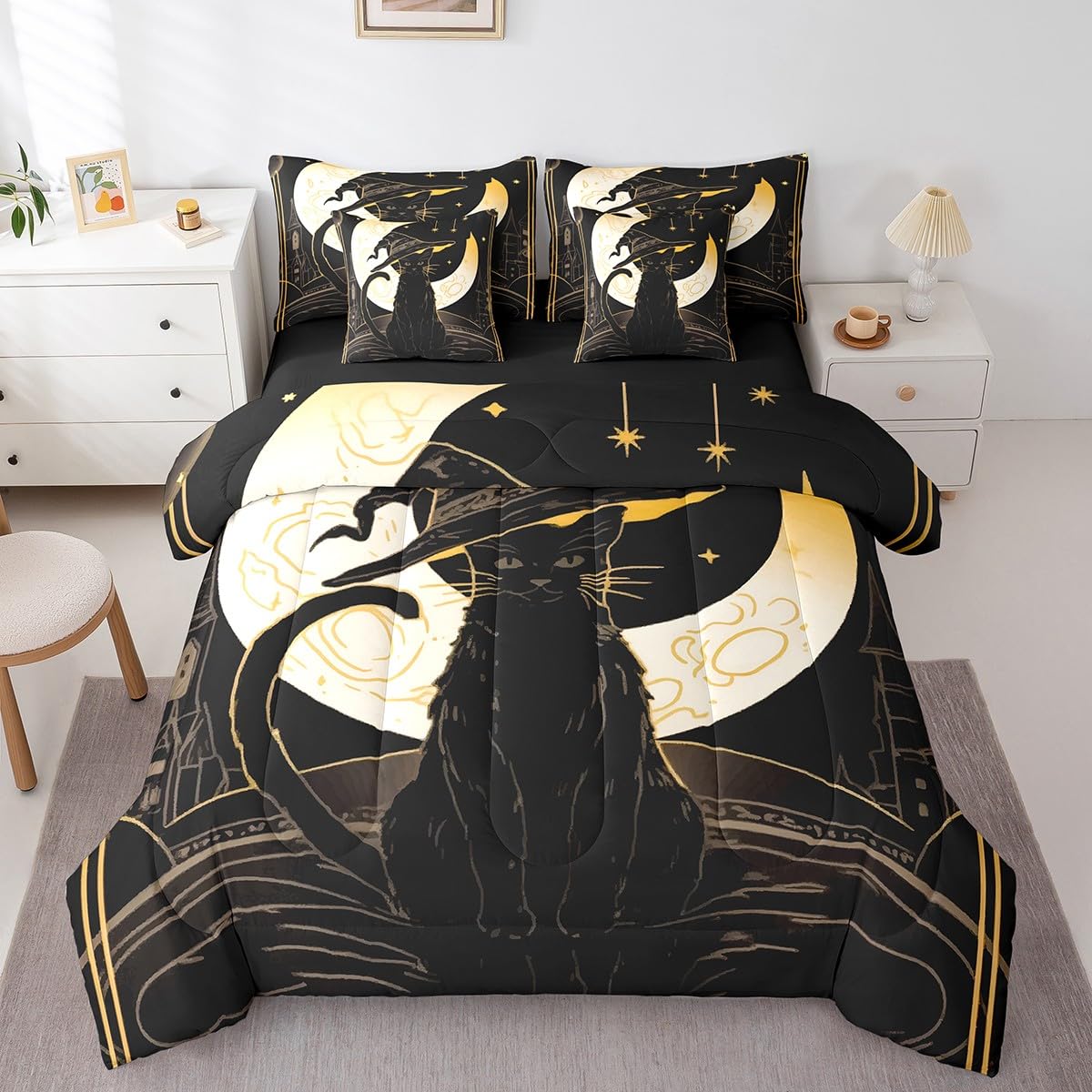 Feelyou Halloween 7 Piece Bedding Set Twin Size for Kids Boys Girls Teens Black Cat Bed in a Bag Moon Star Pattern Comforter Set with Sheets Cute Animal Bed Set