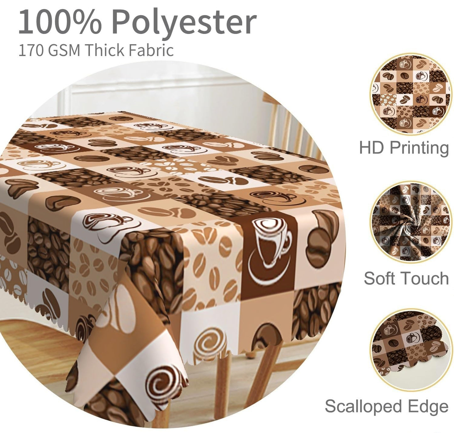 TTQYFNM 70x70inches Coffee Beans Print Tablecloth Coffee Cup Hand Drawn Sketch Retro Plaid Tablecloths Waterproof Spill Proof Square Table Cloth Cover for Dining Room Kitchen Coffee Shop Decor