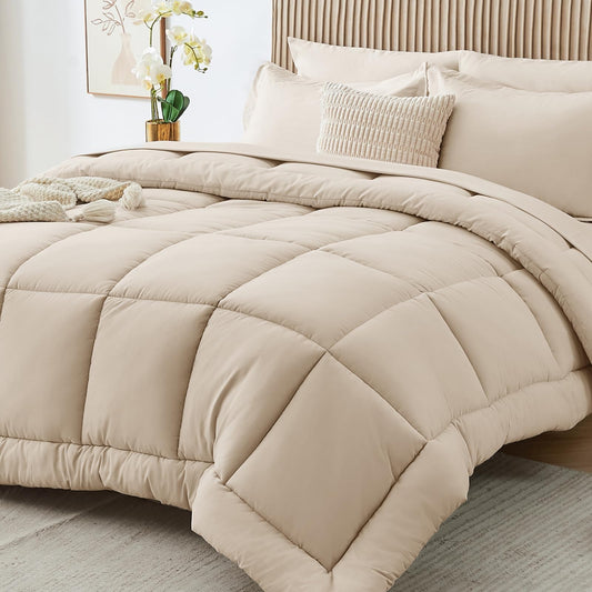 Sasttie Queen Comforter Set, Beige 7 Pieces Bed in a Bag Queen, Complete Bedding Set Includes Comforter, Flat Sheet, Fitted Sheet, Pillowcases and Pillow Shams, Beige