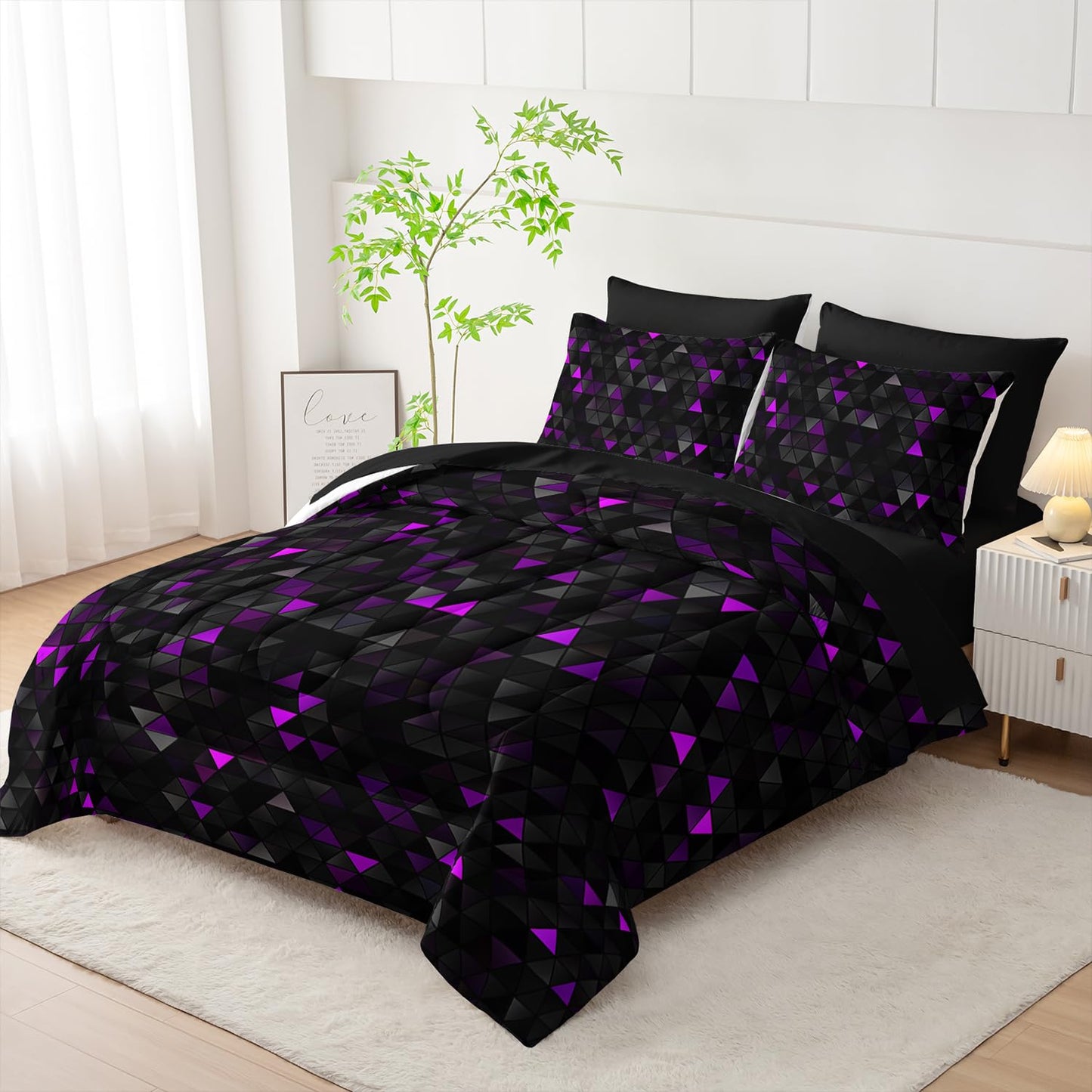 Nttopship Geometric Violet Black Triangle King Size Comforter Set,Light Honeycomb Bedding Set 7 Piece in A Bag,Bed Sheet Set Geometry Decor,Microfiber Lightweight All Season