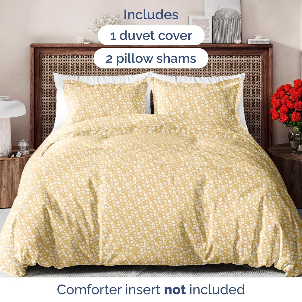Duvet Cover Full Size Set - Extra Soft Floral Duvet Cover 80 x 90 with 2 Pillow Shams - Comfy, Cozy, Breathable Floral Bedding Set - Hotel Luxury & Fade Free w/ Zipper Closures & Ties - Yellow Meadow