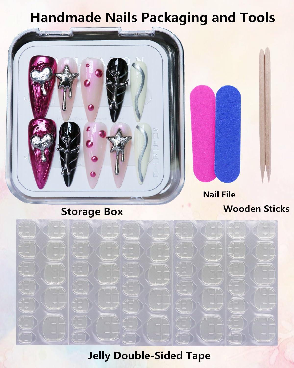 CAMILCY Luxury Handmade Press on Nails Long Stiletto Pink Black Red Y2K Nails with 3D Star Heart Charms Glossy Acrylic Fake Nails Reusable Full Cover False Nails for Women 10pcs (A041, M)