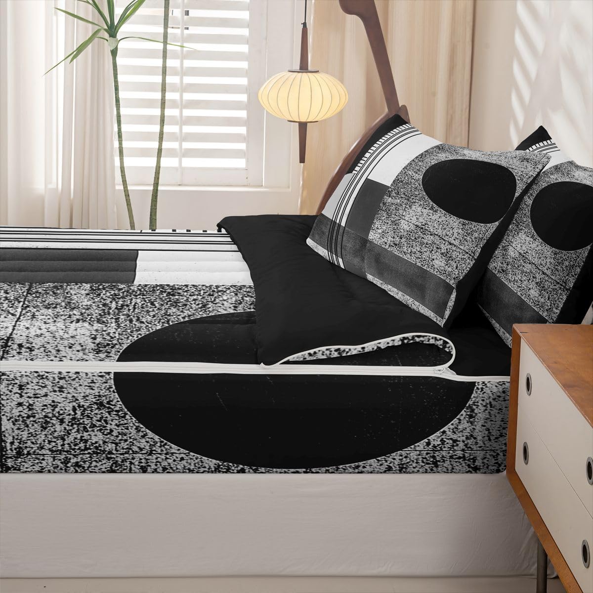 jejeloiu Modern Art Print Full Zipper Bedding Set Retro Kids Comforter Set with Fitted Sheet and 2 Pillowcases Abstract Geometric Bed in a Bag Zip Up Bedding Soft Microfiber