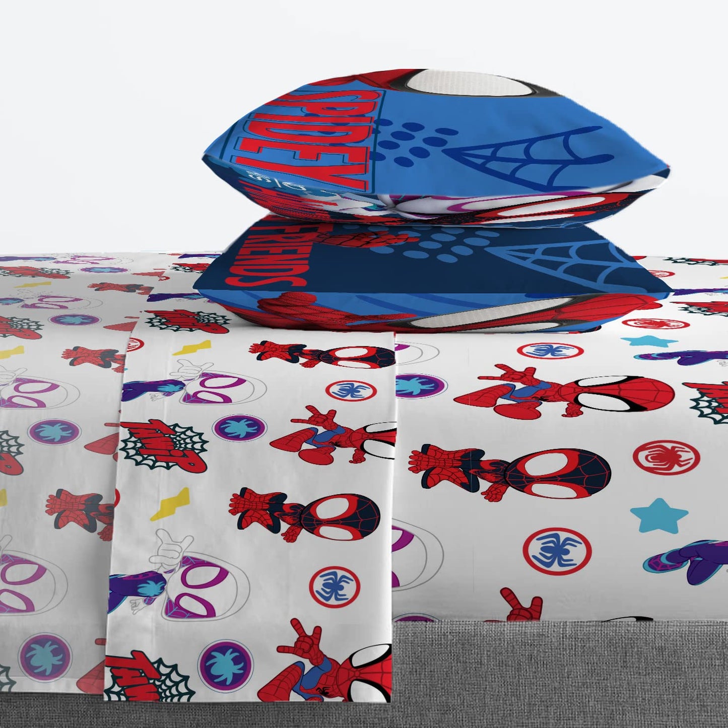 Jay Franco Kids Sheet Set with Fitted, Flat Sheets & Pillow Cover - Ultra-Soft Bedding with Pillowcase for Room Decor, White - Spidey & Friends, 4 Piece Full
