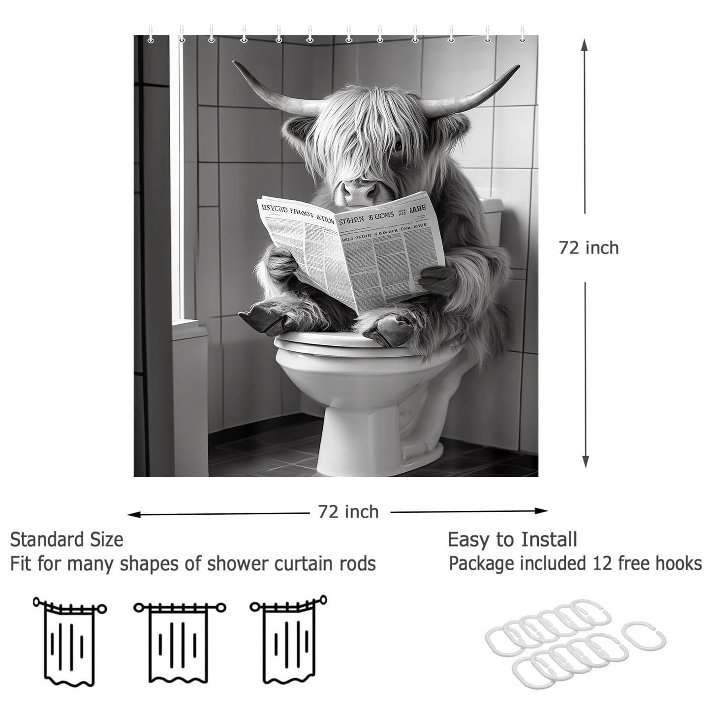 JAWO Funny Shower Curtain Farmhouse Highland Cow Country Shower Curtain Funny Shower Curtains for Bathroom Grey White Cow Sitting on The Toilet Reading a Newspaper Bathroom Decor Western Cattle 72X72