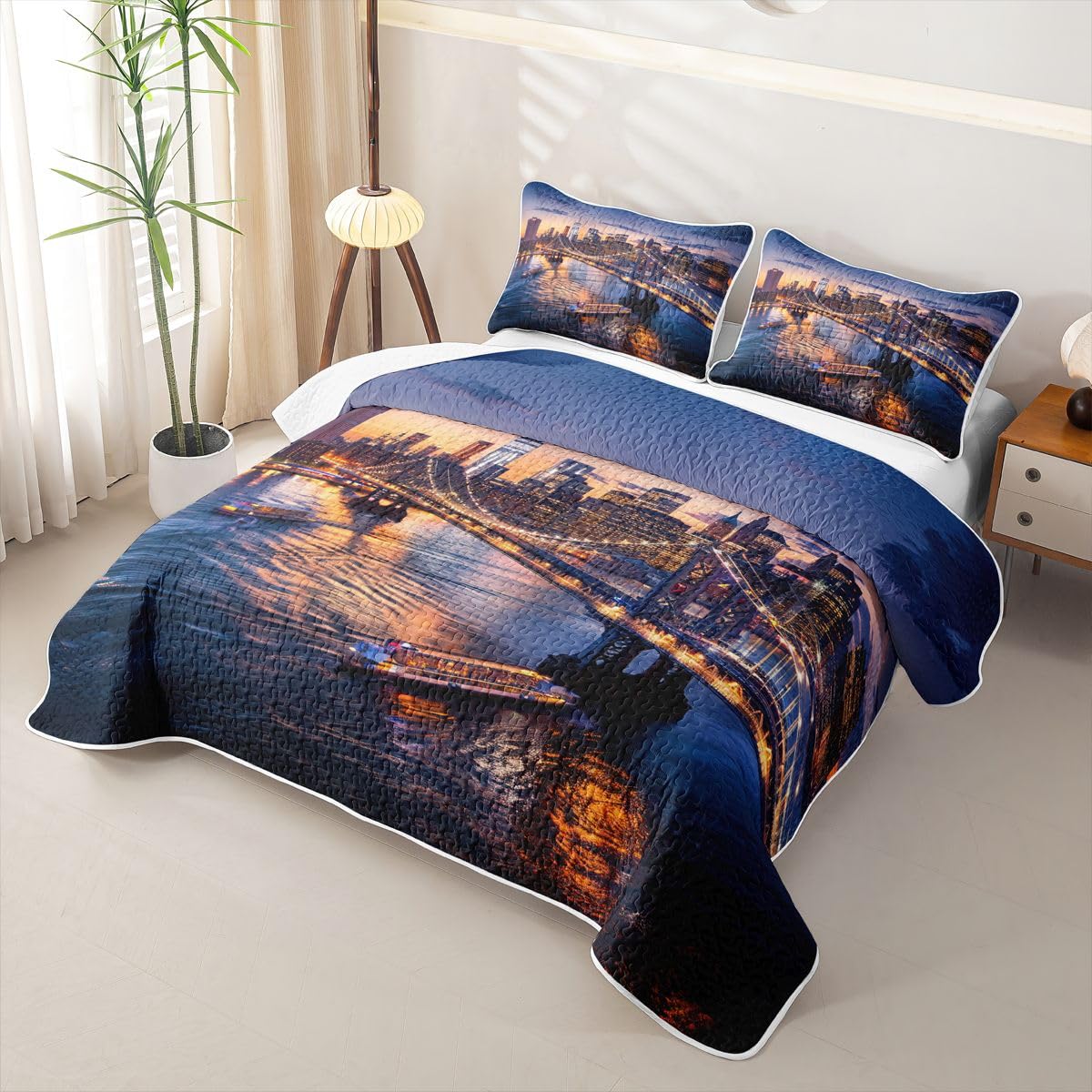 Erosebridal New York City Quilt Set Twin Cityscape Quilted Bedding Manhattan Skyline Bridge Bedspread Coverlet Sunset Scenery Quilt Comforter Lightweight Quilted Blanket for Hot Sleepers Boys Girls