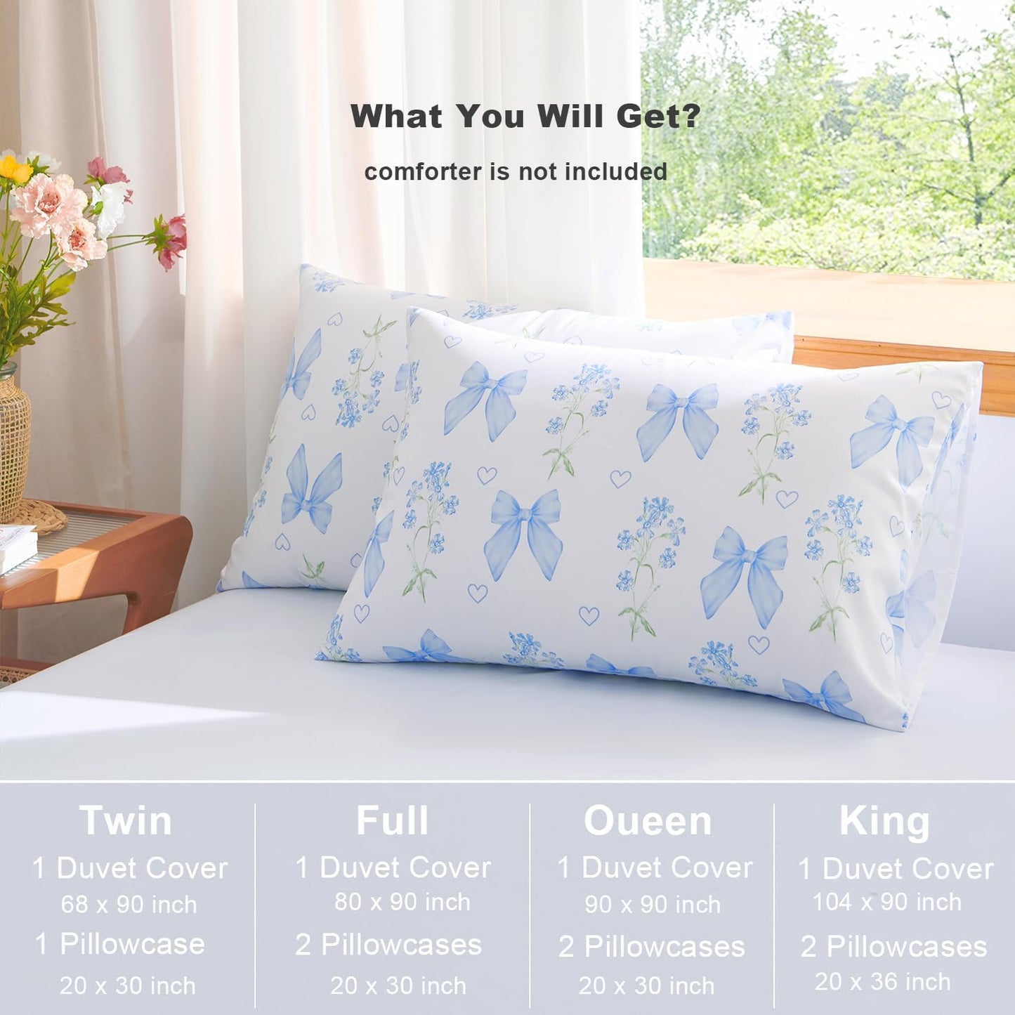 Sedefen Floral Duvet Cover Set Queen Size, 3 Pieces Blue Bow Bedding Set with Cute Heart Pattern, Romantic Spring Botanical Flower Soft Microfiber Duvet Cover for Kids Girls Bedroom & Princess Decor