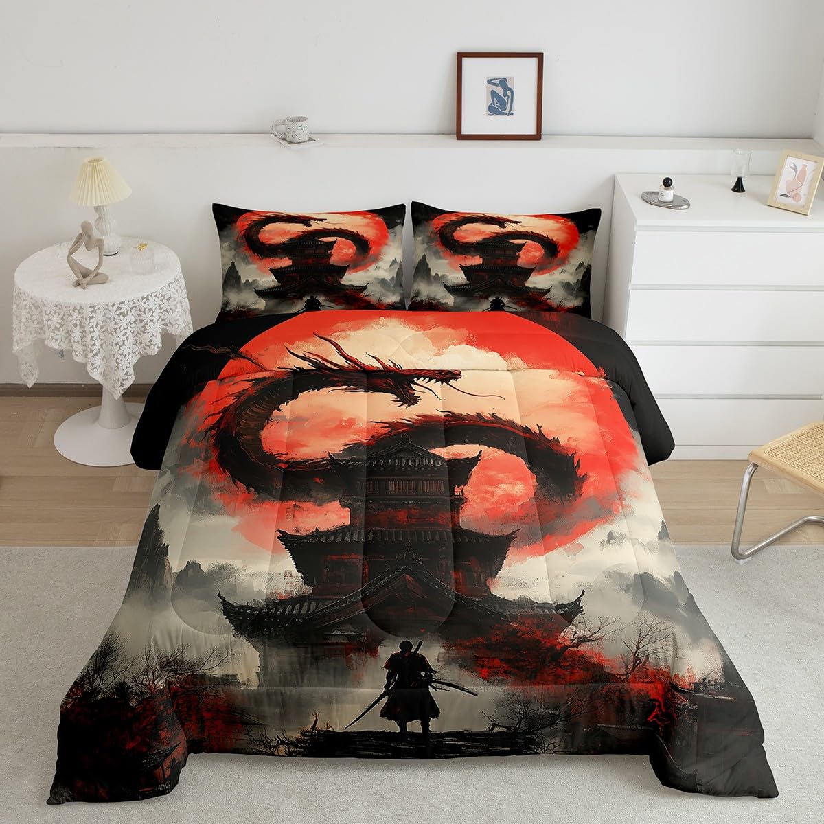 jejeloiu Dragon Comforter Set Japanese Style Samurai Bedding Set Full Size for Kids Boys Girls Teens Anime Sunset Duvet Set with 2 Pillow Case Moon Japan Comforter
