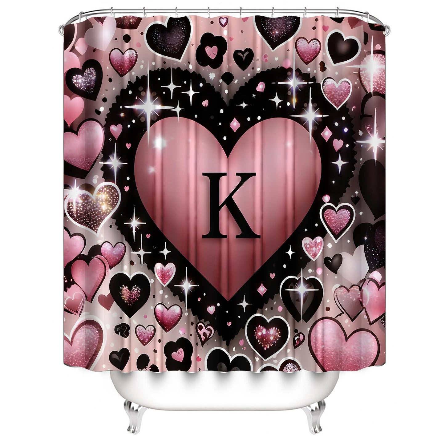 AZHM Romantic K Heart Shower Curtain Set 4 PCS Pink Love Theme Bathroom Decor for Wedding and Valentine's Day Gift with Rugs and 12 Hooks