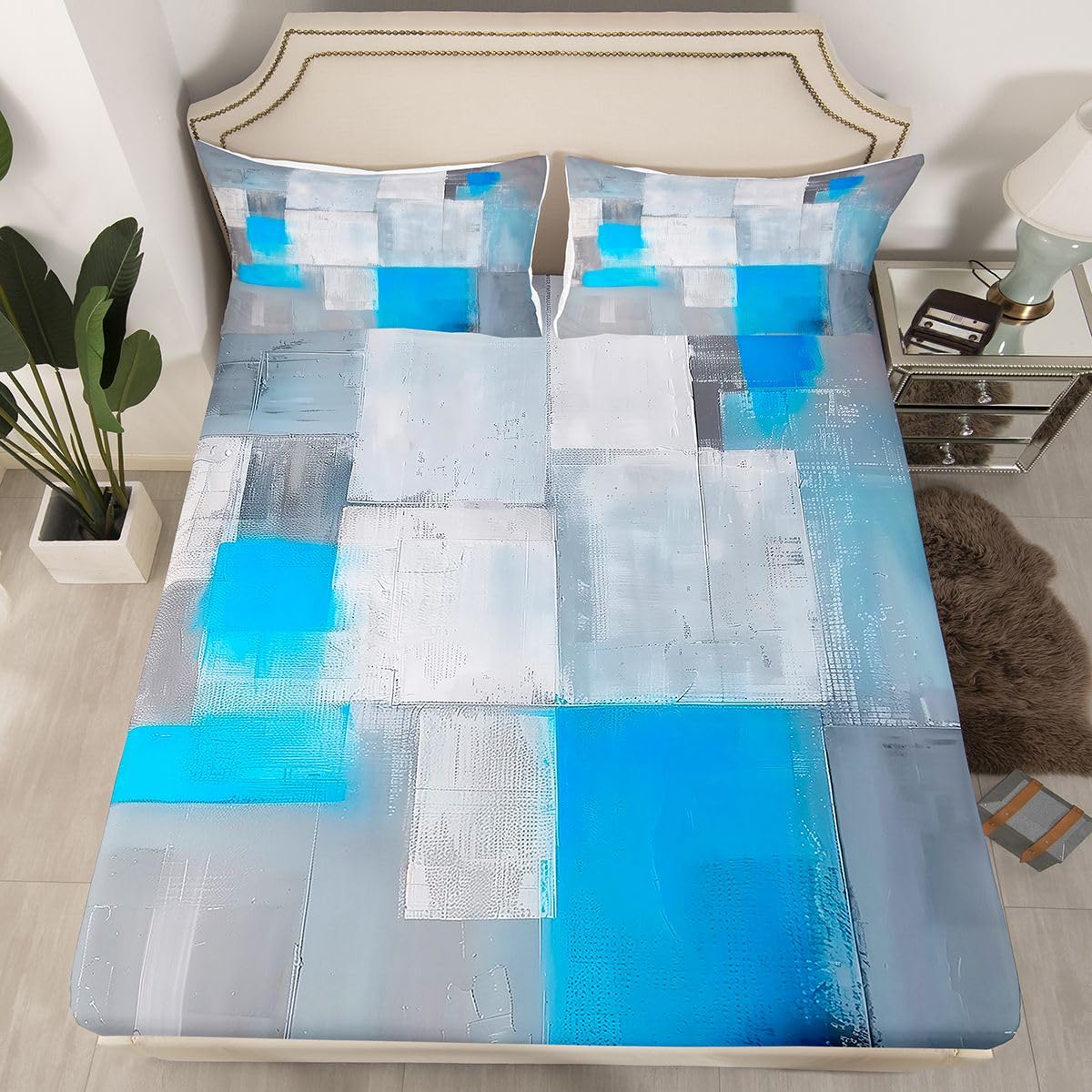 jejeloiu Abstract Fitted Sheet Full Size for Kids Boys Girls Blue Ombre Bed Sheets Set 16" Deep Pocket Soft Breathable Microfiber Modern Art Bedding with 2 Pillowcases Luxury Room Decor
