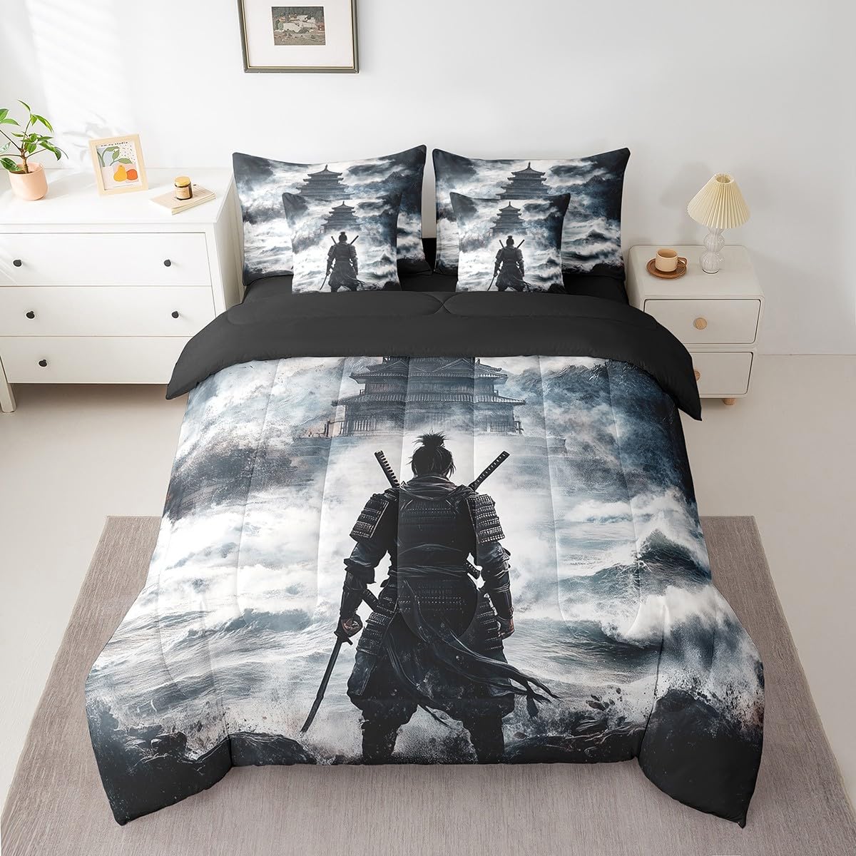 Queen Size 7 Pieces Bedding Sets Japanese Samurai Comforter Set Oriental Culture Bed Sheet Grey Reversible Printed Quilt Set + Flat Sheet + Fitted Sheet + 2 Pillowcase + 2 Throw Pillow Covers