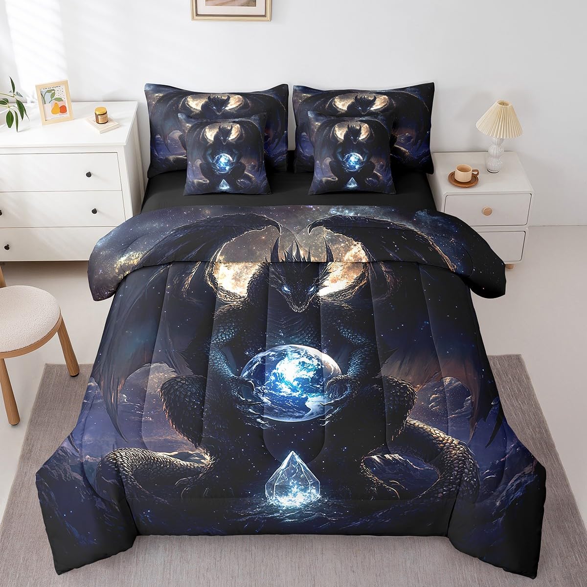 Feelyou Dragon Comforter Set with Sheets Twin Size Dragon Stuff Bed in a Bag for Boys Girls Teens Wild Life 7 Pieces Bedding Set Dragon Decor Bed Set Room Decor Black