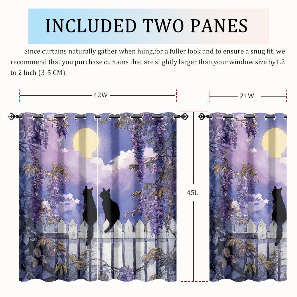 XSUPFLYM Cute Realistic Black Cat Window Thermal Curtain Rustic Full Moon Night Japanese Animal Black Cat Plant Lilac Floral Blackout Curtains for Bedroom 2 Panels Each.Each 21" W x 45" L