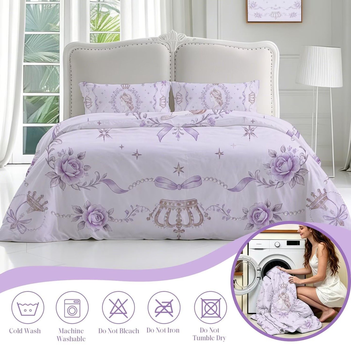VTKON Purple Twin Princess Bedding Kids Quilt 1 Comforter + 1 Pillowcase
