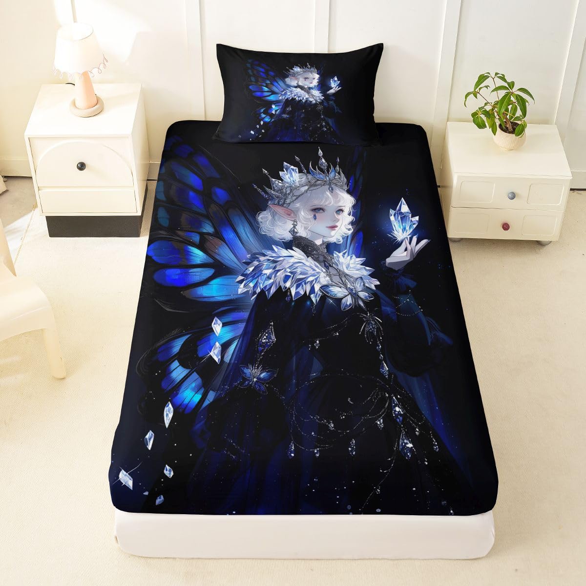 Erosebridal Gothic Girls Bed Sheets Set A Girl Wearing A Crown Sheets Twin,Butterfly Diamond Feather Print Sheet Set for Boys Girls Coquette Princess Bedding Sets Bedroom Decor 3 Pieces