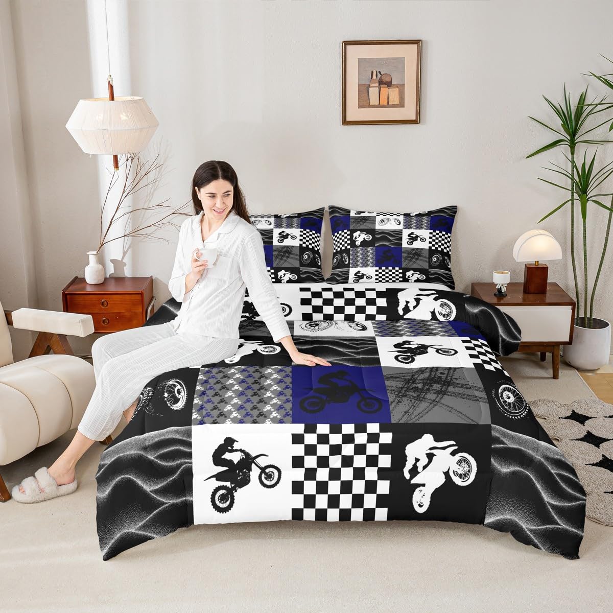 Dirt Bike Comforter Set, Motocross Rider Bedding Comforter Sets King, Motorcycle Grunge Down Comforter for Kids Boys Adult Men, Motorbike Extreme Sport Game Comforter, Buffalo Plaid, Blue Grey Black