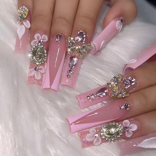 Long Press Pink False Nails with Rhinestones Design: Glue on, French Acrylic, Butterfly Flower Full Cover Stick on Nails - 24Pcs