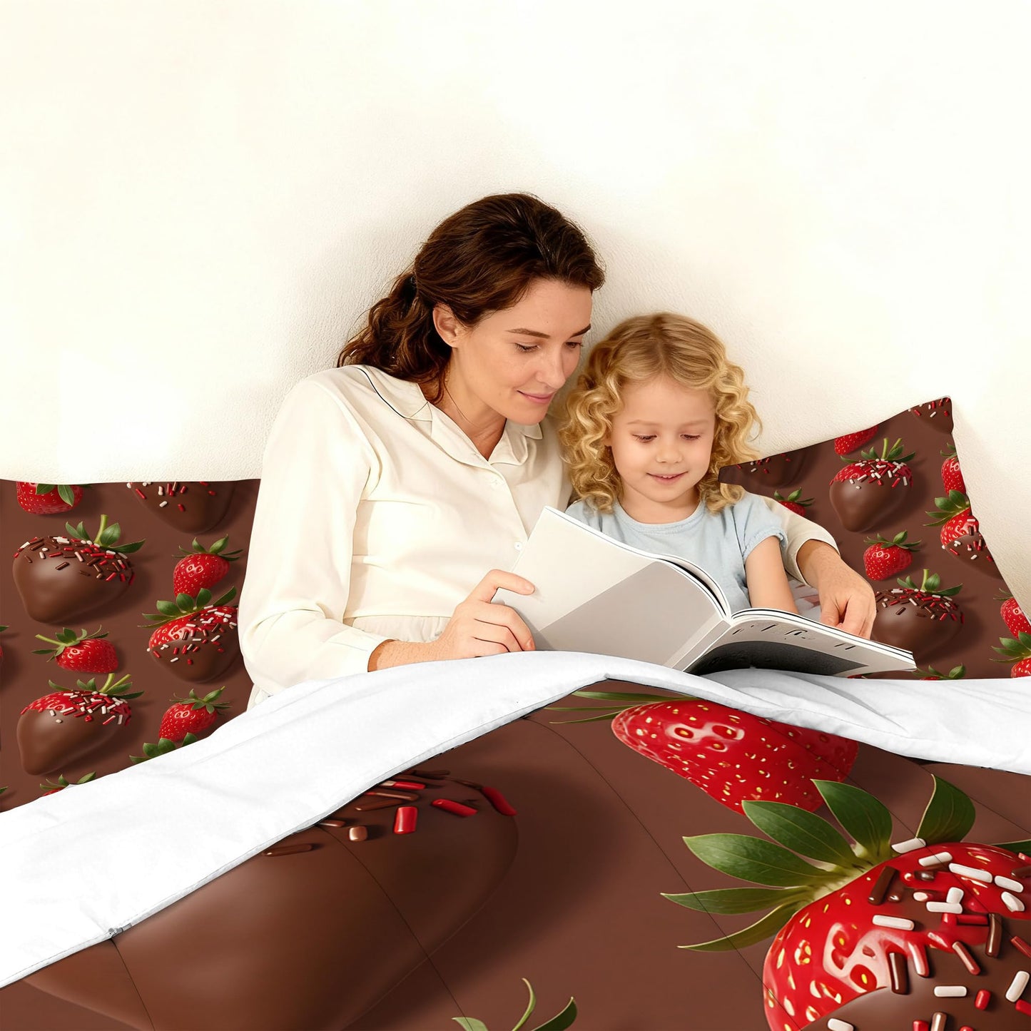 VTKON Chocolate Strawberry Comforter Set Queen for Kids Girls Sweet Dessert Print Bedding Set 3 Pcs with 1 Comforter and 2 Pillowcases Brown Bed Set Bedroom Decor