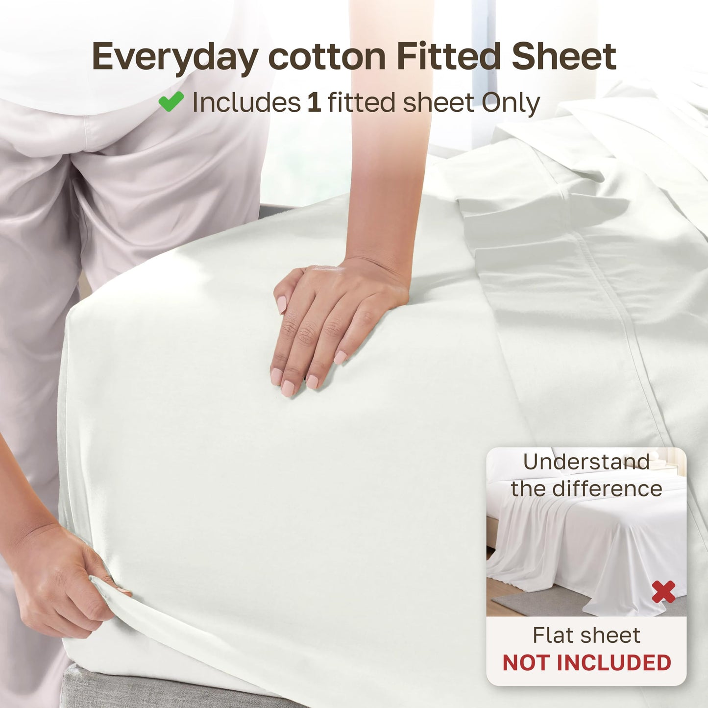 California Design Den King Fitted Sheet Only Cotton with Deep Pockets - Soft 100% Cotton Fitted Sheet King, No Pop-Off Elastic, Durable Sateen Weave - Ivory (Eggshell)