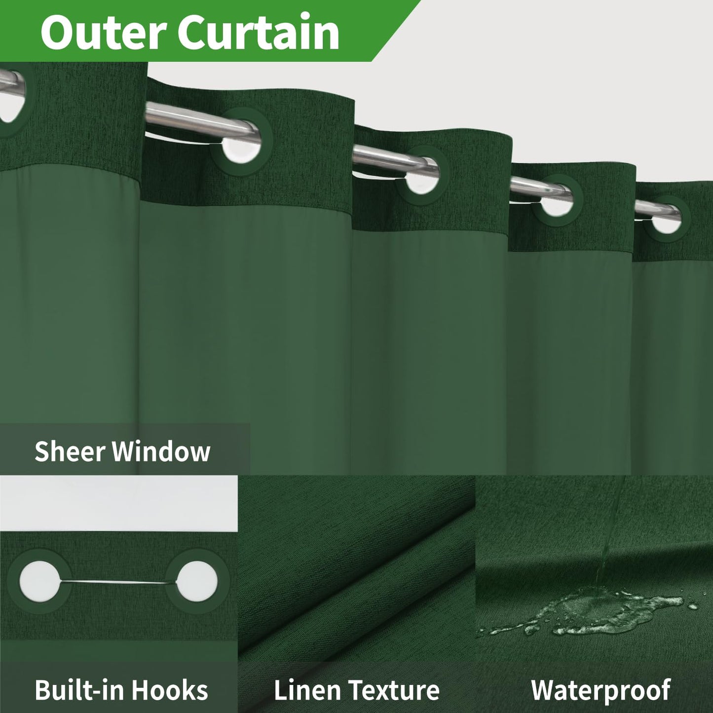 eachope No Hooks Needed Linen Textured Shower Curtain with Snap-in Fabric Liner Set,Hotel Luxury Decor Shower Curtains for Bathroom with Mesh Top Window,Waterproof & Washable,71Wx74H,Emerald Green