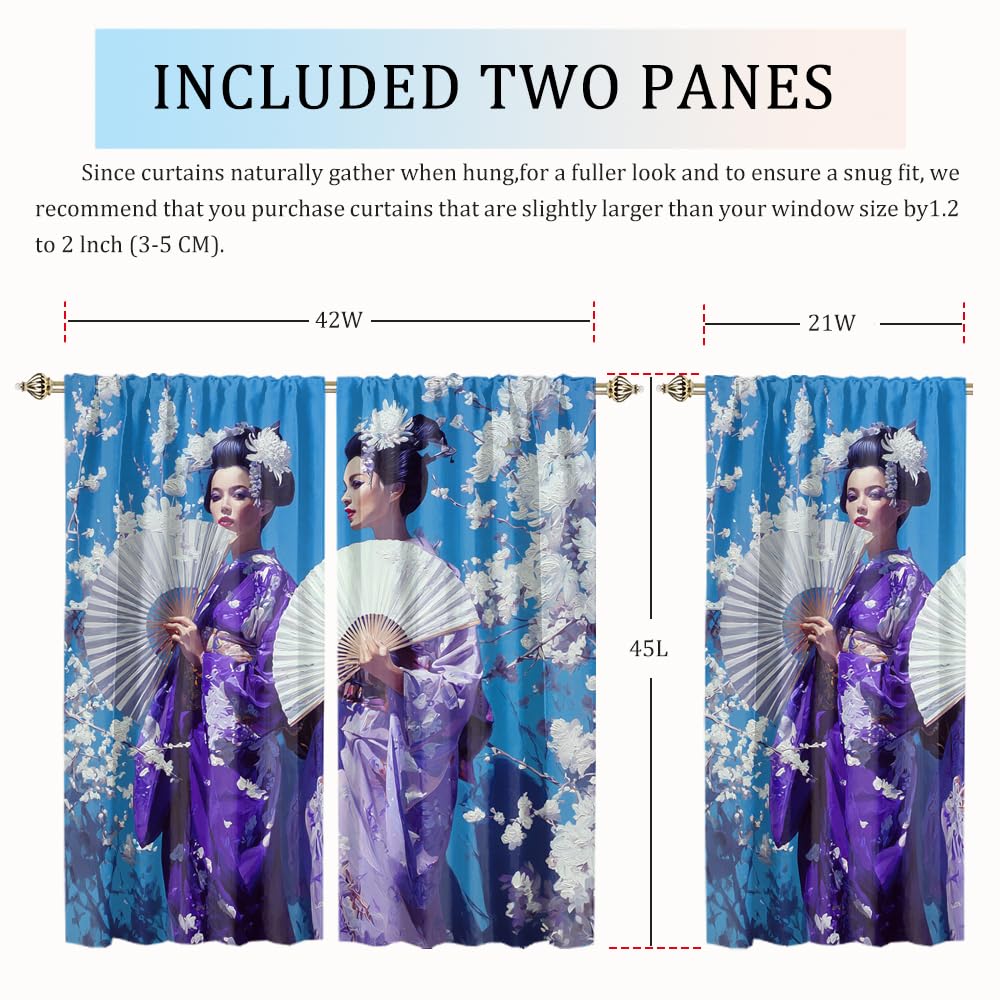 XSUPFLYM Elegant Retro Japanese Geisha Blackout Curtain Beautiful Modern Spring Plant Cherry Blossom Tree Asian Girl Pattern Thermal Insulated Curtain for Bedroom 2 Panels Each 21" W x 45" L