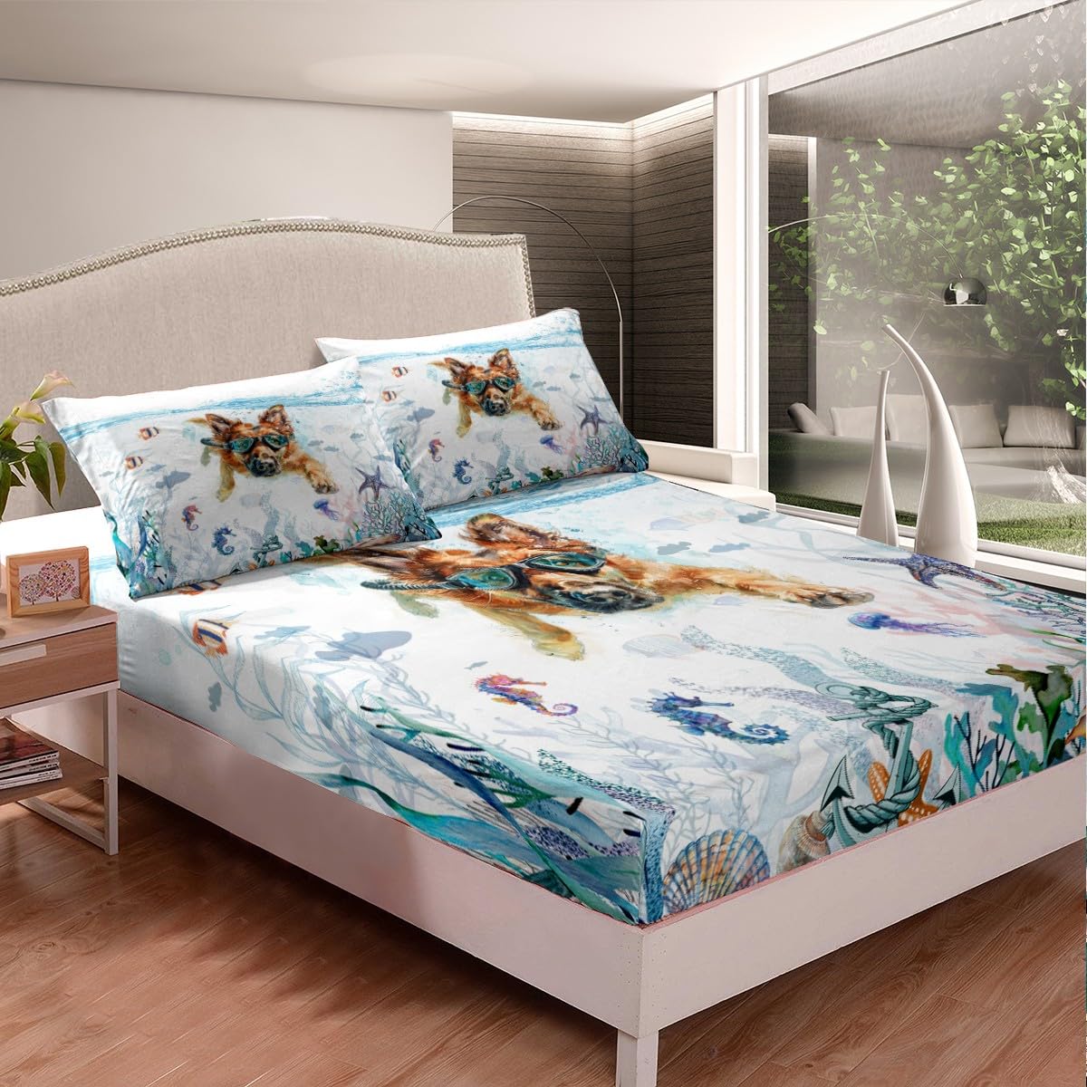 Feelyou Cute Dog Bed Sheet Set Twin Size German Shepherd Fitted Sheet for Kids Boys Girls Room Decor Ocean Bedding Set Puppy Dog Bed Cover Deep Pocket Bed Set