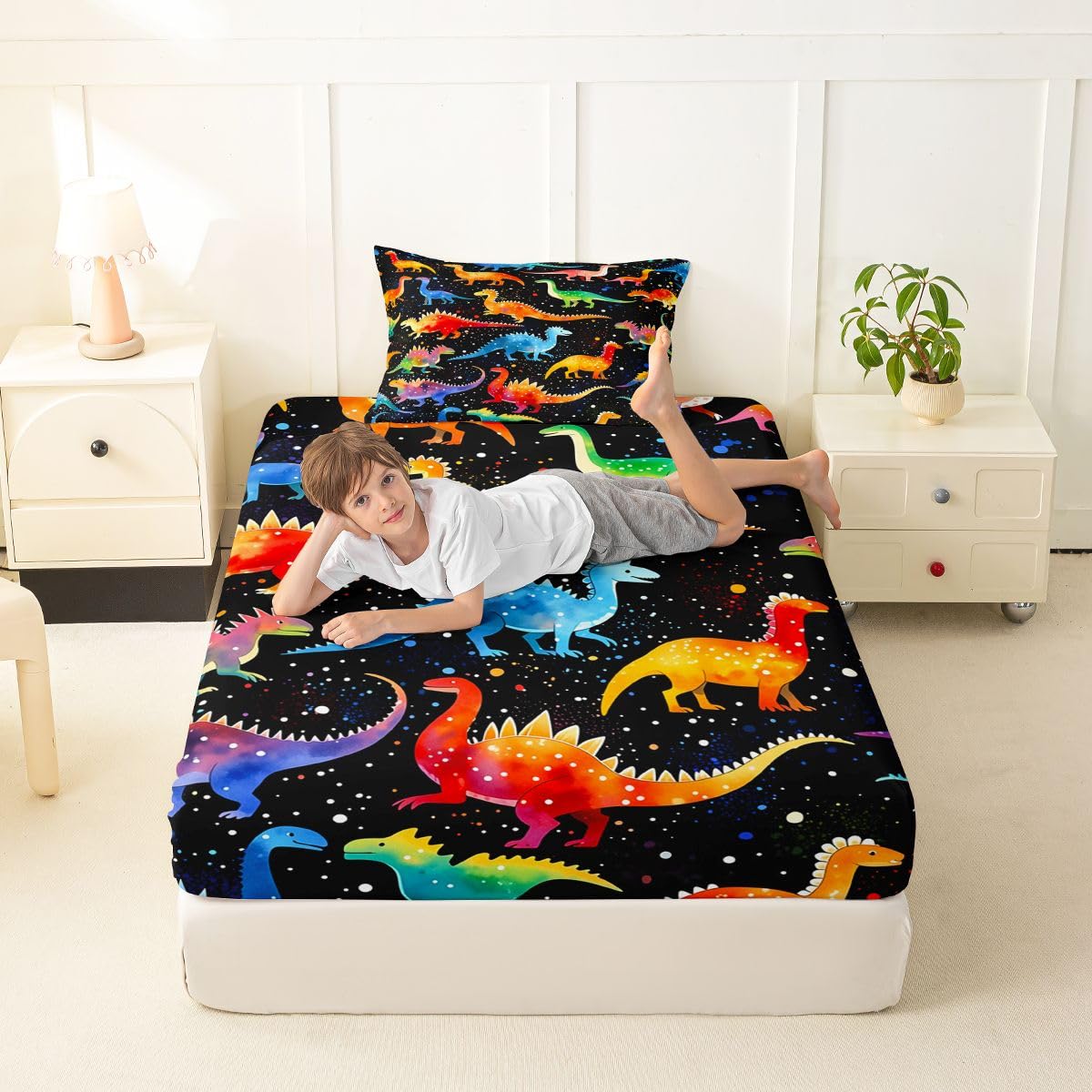 Feelyou Dinosaur Bed Sheets Set Twin Size 3D Digital Print Bed Set Jungle Dino Deep Pocket Fitted Sheet Wild Animal Breathable Soft Lightweight Microfiber Orange Blue Red