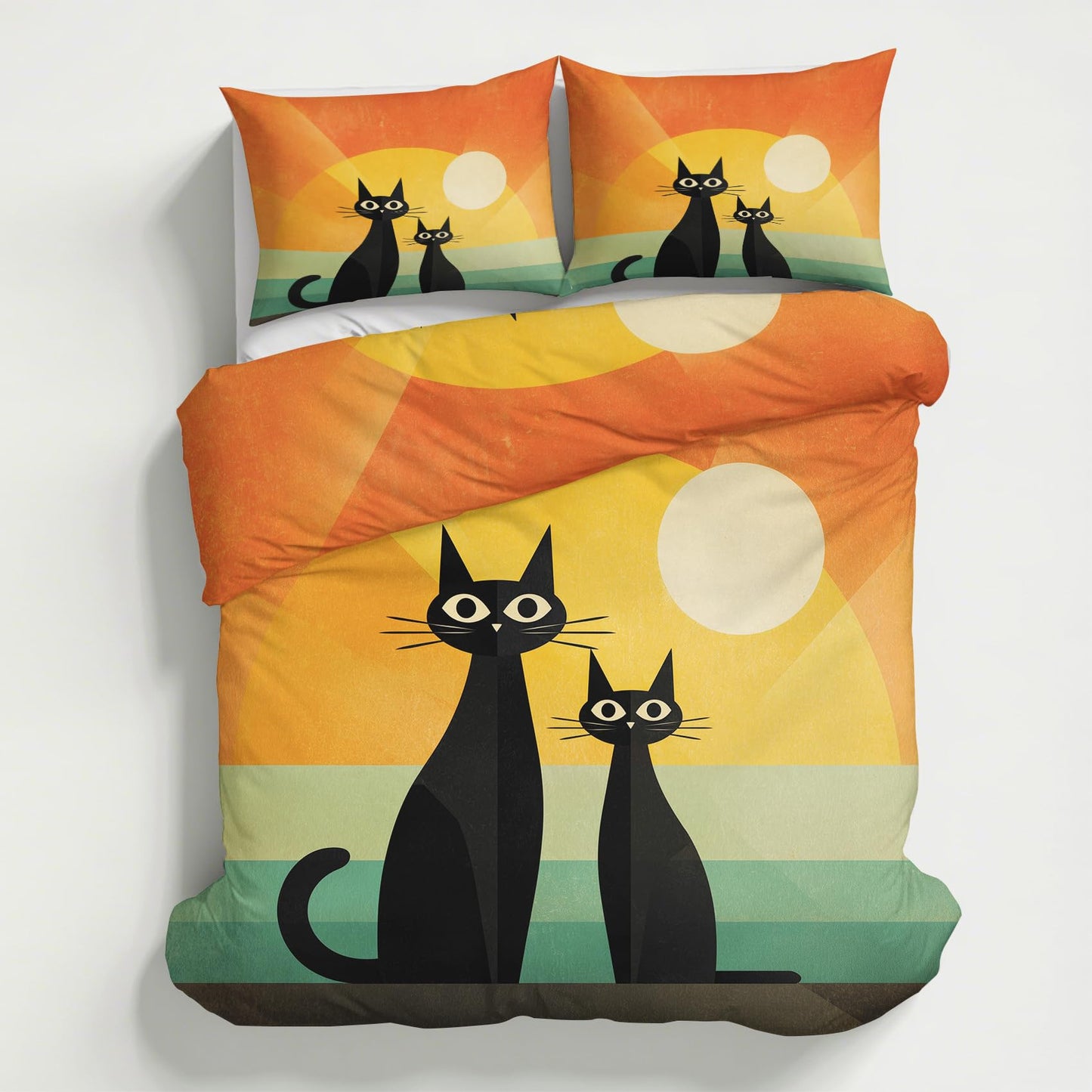 Mid Century Cat Duvet Cover Twin Size, Abstract Boho Sun Kitten Bedding Set 2 pcs with 1 Pillow Cover, Mid Century Modern Bedroom Decor, Soft Microfiber Reversible, Zipper & Ties KJJT 15