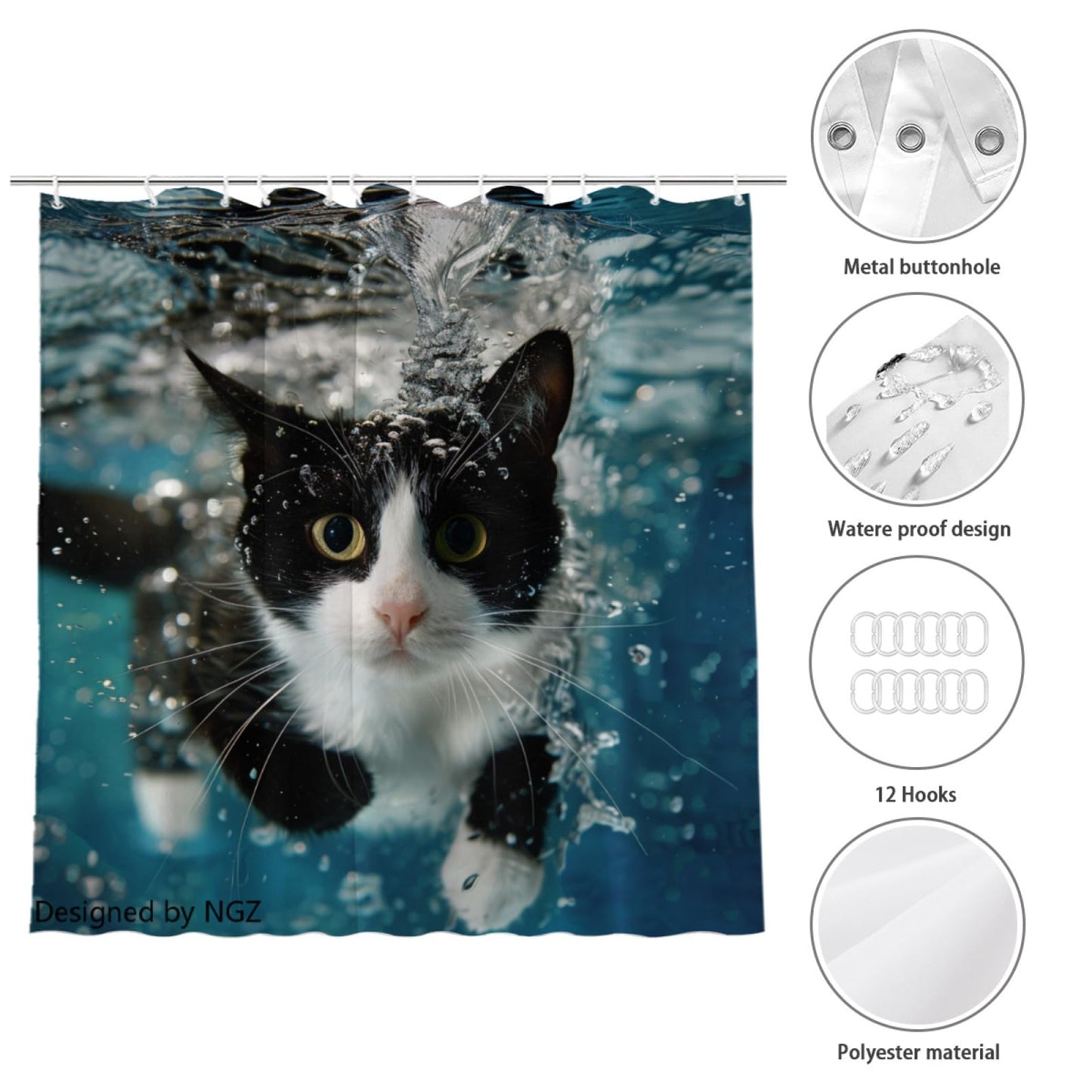 NGZ Swimming Animal Shower Curtain, Underwater Tuxedo_Cat, Sports Theme, Fun Pet Lover Bathroom Curtain, 72x72 Inch Bath Decor with 12 Hooks