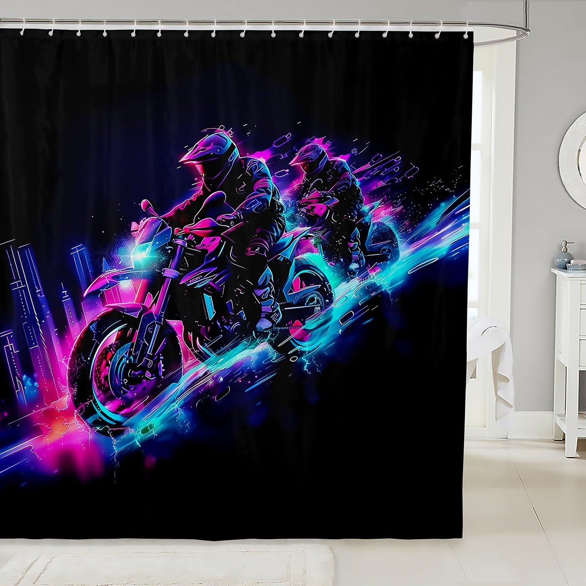 Feelyou Kids Dirt Bike Shower Curtain Racing Motocross Rider Bath Curtain Boys Girls Motorbike Bathroom Shower Curtain Set Extreme Sports Teens Bathroom Accessories Bedroom Decor 72"x78"