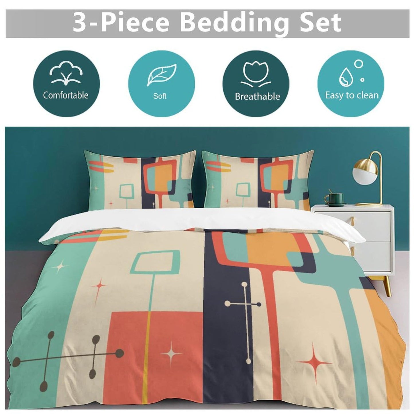 Mid Century Duvet Cover Queen Retro Atomic Bedding Set, Rainbow Grid Comforter Cover Vintage Fifties 1950s Bed Set，Abstract Art Bedding 3 Piece (1 Duvet Cover 86"x70" + 2 Pillow Sham 20"x30")