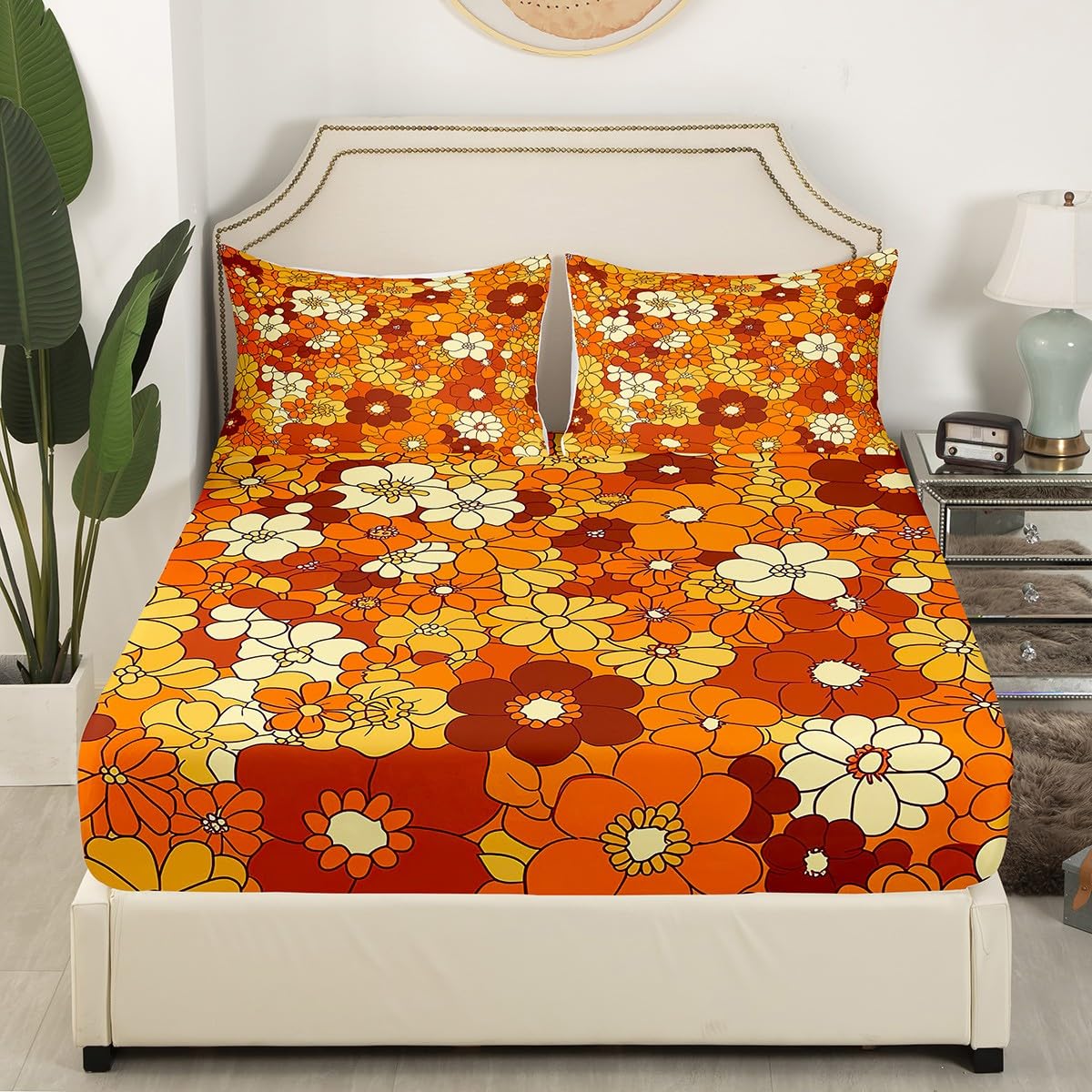 Boho Floral Bed Sheets Set Full Retro Groovy Flowers Sheet Set 60S 70S Hippie Flower Power Bedding Set For Kids Girls Women Groovy Natural Garden Botanical Fitted Sheet Orange Brown Flat Sheet 4 Pcs